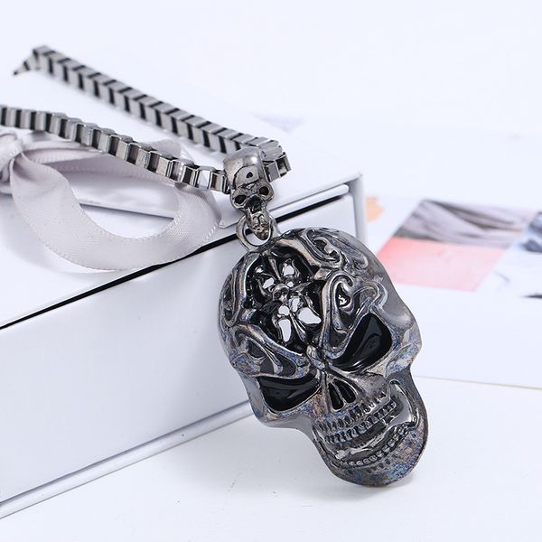 

european and american personality rock retro punk cool fashion pendant necklace metal stainless steel skull necklace man jewelry, Silver