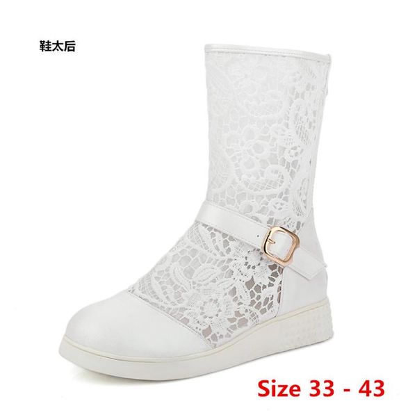 

summer mid calf boots female british flat platform short boots woman motorcycle women shoes small big size 33 - 43, Black