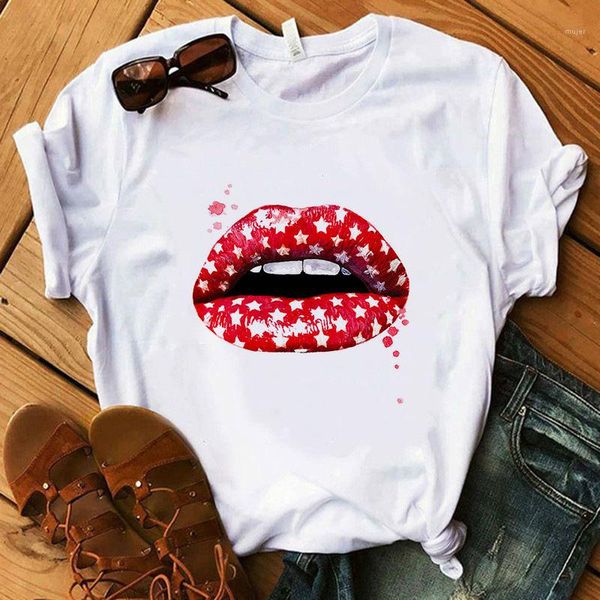 

ladies summer street style female clothing lips print womens designer tshirts cotton breathable plus size, White