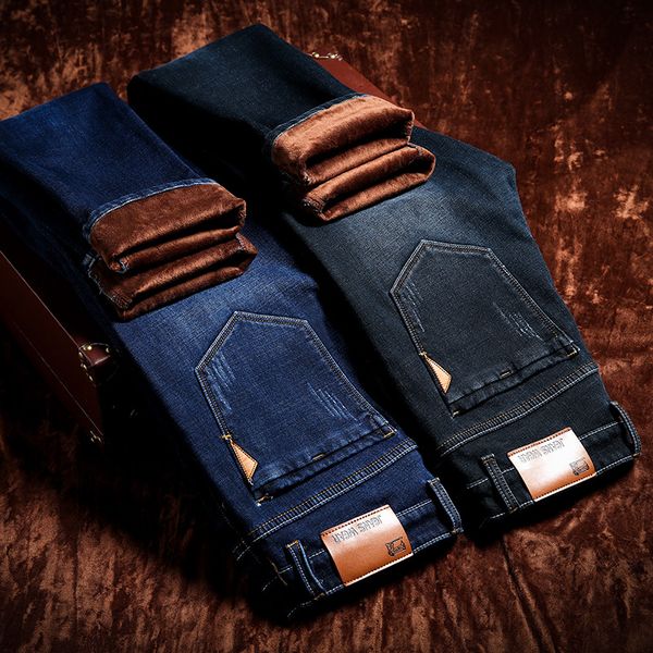 

men's jeans winter warm fleece thick stretch denim jean straight male brand cotton pants large size 28-42 trousers, Blue