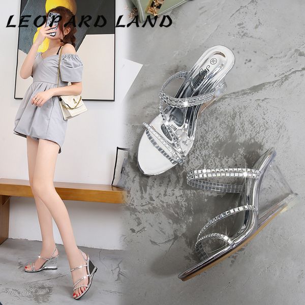 

leopard land women's slipper wear slanted heel sandals female summer crystal transparent glass crystal lfd-1098-56, Black