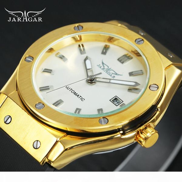 

jaragar golden mens watches auto mechanical calendar watch men rubber strap fashion minimalist casual clock, Slivery;brown