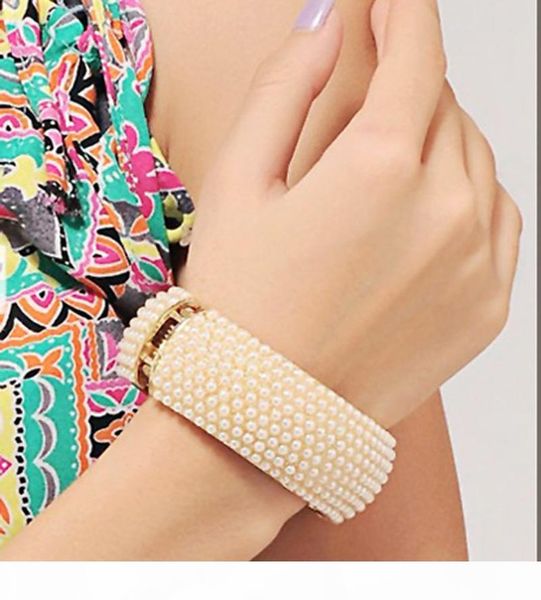 

luxury pearl bracelets spring wide cuff bangle gold alloy bead bracelet for women wedding bride bangles jewelry gifts wholesale, Golden;silver