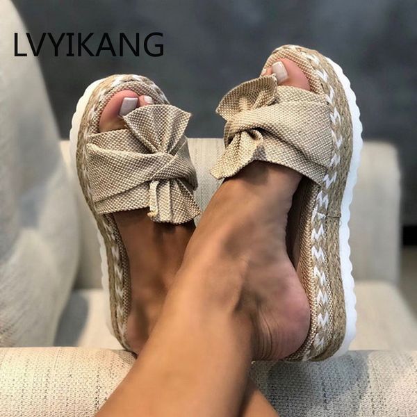 

women bowknot sandals 2020 summer cute casual daily comfy slip on platform ladies sandals party peep toe female slippers, Black