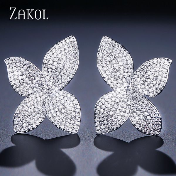 

zakol new fashion luxury butterfly cubic zirconia micro pave setting flower big stud earrings for women party gifts fsep2078, Golden;silver