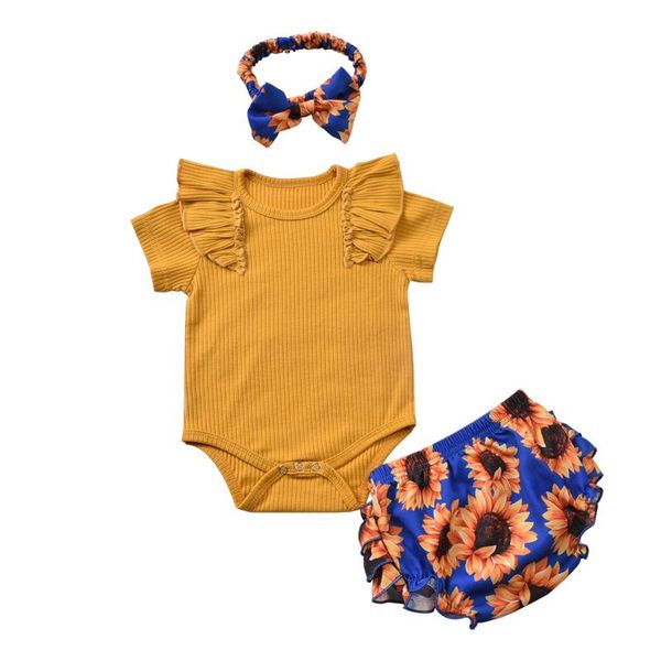 

0-24m summer cute wear infant newborn baby girls ruched shoulder yellow knit romper sunflower layer ruffled shorts headband sets, White