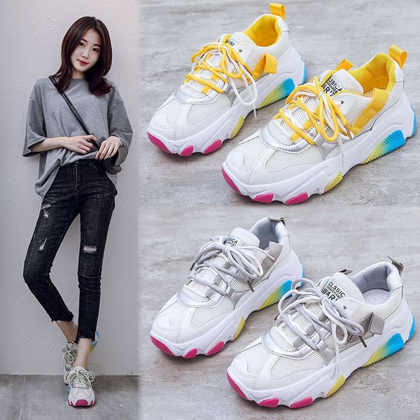 

breathable mesh net casual shoes new autumn sneakers women shoes lace up round toe thick bottom high heels platform woman, Black