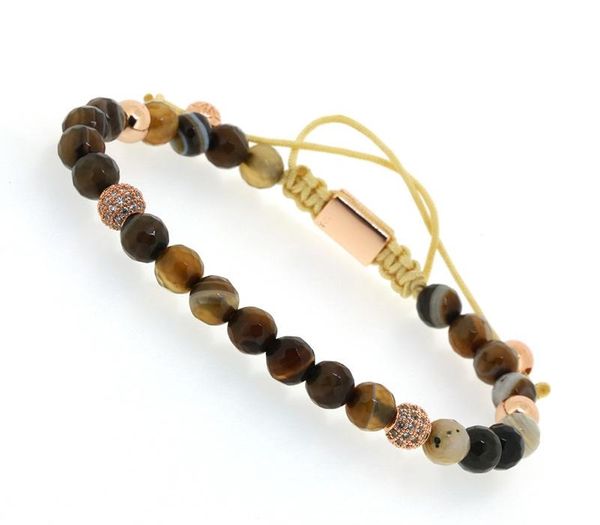 

faceted brown grey lace onyx stone bead rose gold color cz ball copper charm knot adjustable braiding macrame bracelet for002, Golden;silver