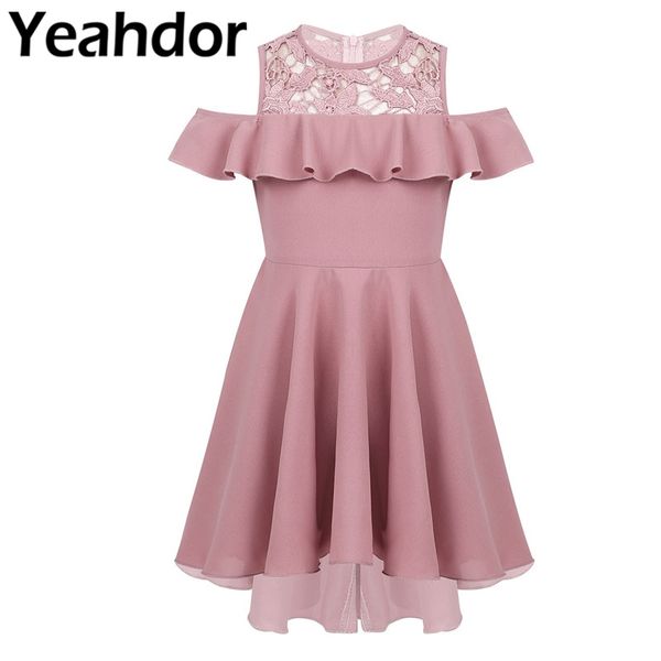 

kids girls cold shoulder ruffle trimmings lace splice high-low hem flower girl dress pageant wedding party girls princess dress, Red;yellow