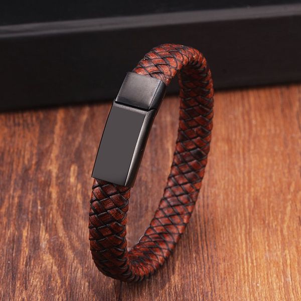 

serpentine braided genuine leather bracelets men boys jewelry vintage stainless steel magnetic buckle male charm bracelets, Black