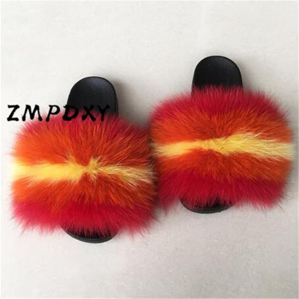 

woman's fluffy fur slippers kids/children's real hair slides ladies raccoon fur sandals women plush shoes flip flops hot, Black