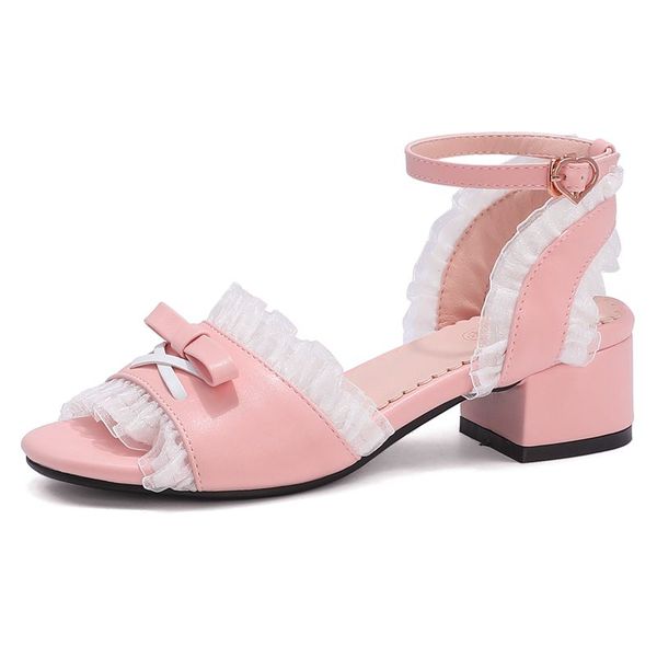 

agodor peep toe sandals lolita sandals bow tie pink lace sweet kawaii summer shoes mid heel size 33-43, Black