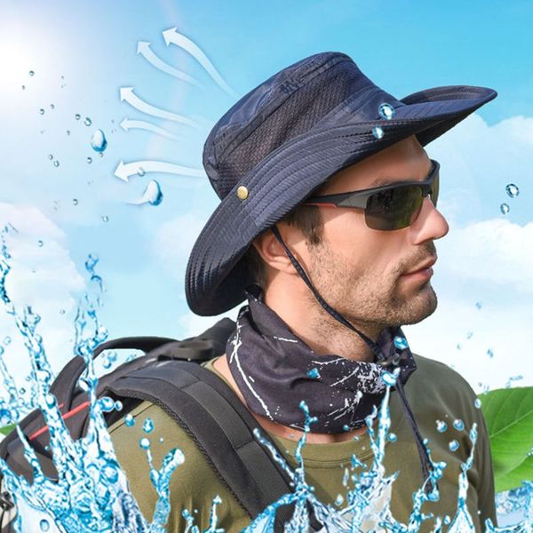 

men breathable mesh wide brim fishing hat solid color sun protection travel hiking adjustable cowboy bucket cap with chin strap, Blue;gray