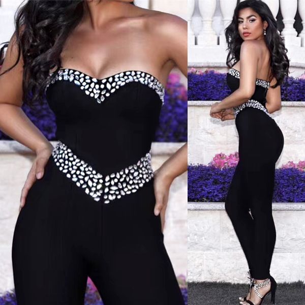 

women's jumpsuits & rompers black strapless mantual beading rayon bandage jumpsuit evening party bodycon, Black;white