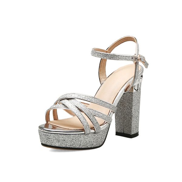 

2020 summer new waterproof platform thick high heel sequins hollow cross strap female sandals european and american style, Black