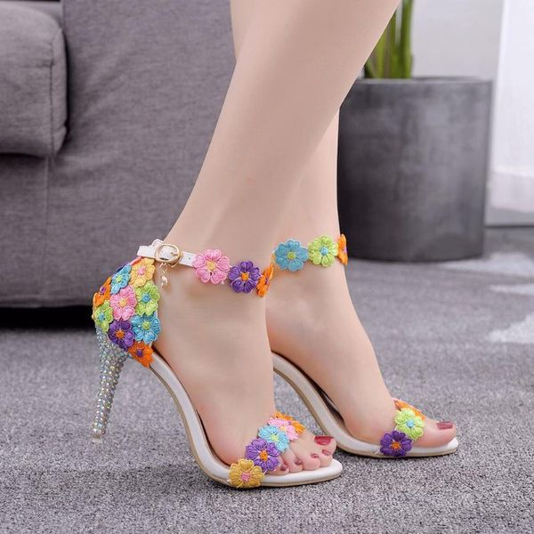 

women 9cm high-heeled sandals bridesmaid wedding shoes a- line buckle strap national colorful lace flower sandals plus size 42, Black