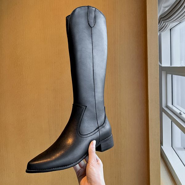 

2021 winter new style genuine leather knee-high boots women boots motorcycle snow warm pointed women shoes, Black