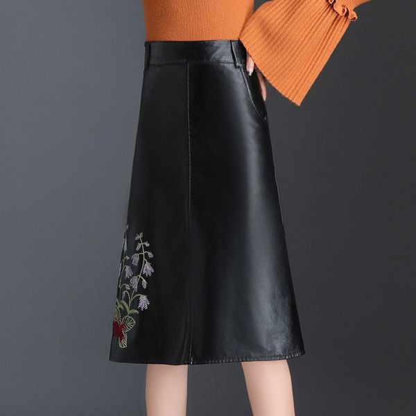 

2020 winter women leather wrap skirt female high waist faldas mujer casual floral a-line knee-length empire skirts l47, Black