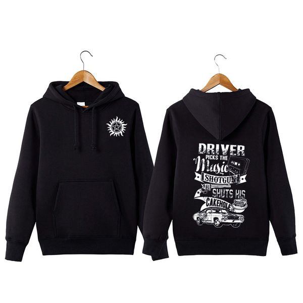 

supernatural hoodie driver picks the music shuts his cake hole funny supernatural pullover hoodie sweatershirt, Black