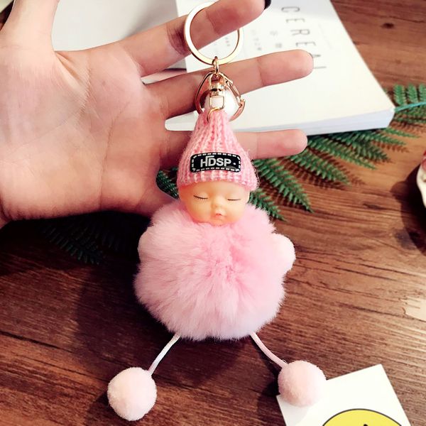 

cute cartoon woolen cap sleeping cute doll key chain female creative rabbit fur ball car bag pendant, Black
