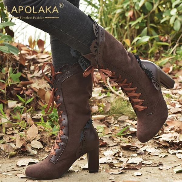 

boots lapolaka 2021 big size 43 chunky high heels mid calf woman shoes lace up ruffles female, Black