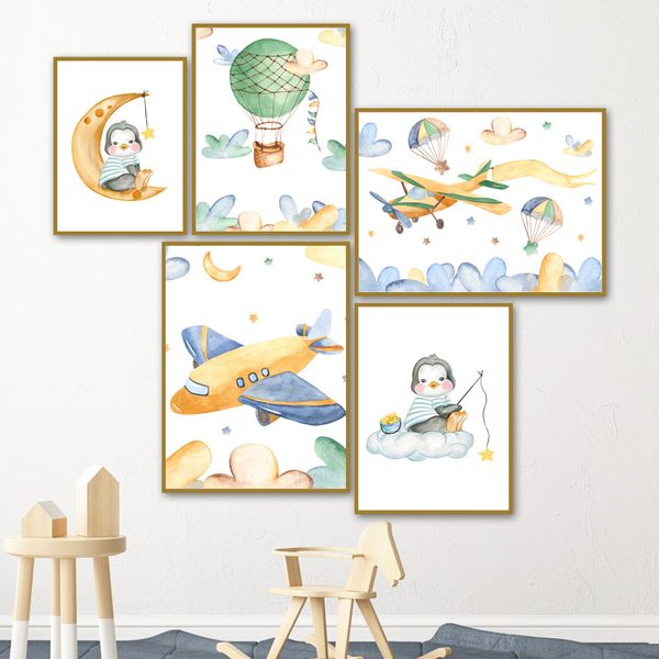 

wall art canvas painting baby penguin pilot moon star cartoon nordic posters and prints wall pictures for kids room nursery
