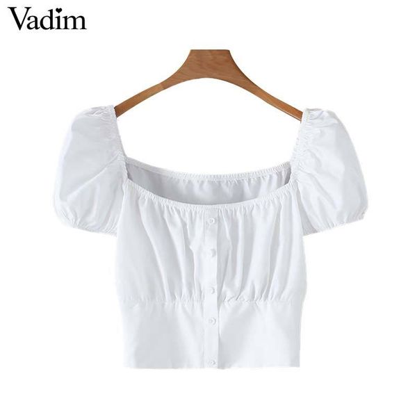 

vadim women sweet white crop square collar short sleeve blouse short style female casual cute blusas da264