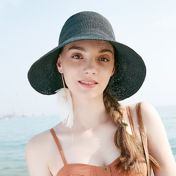 

wide brim hats sedancasesa brand 2021 fashion sun for women ladies vacation summer beach straw raffia hat foldable crochet bowknot, Blue;gray