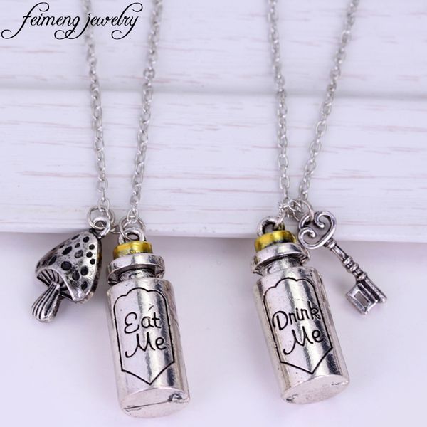 

movie alice in wonderland necklace eat me drink me statement necklace key mushroom bottle pendant jewelry for women fashion gift, Silver