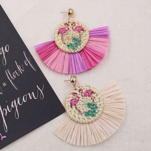 

handmade straw rattan earrings for women flamingo raffia tassel earing wooden wicker earing ethnic jewelry pendientes rafia, Silver