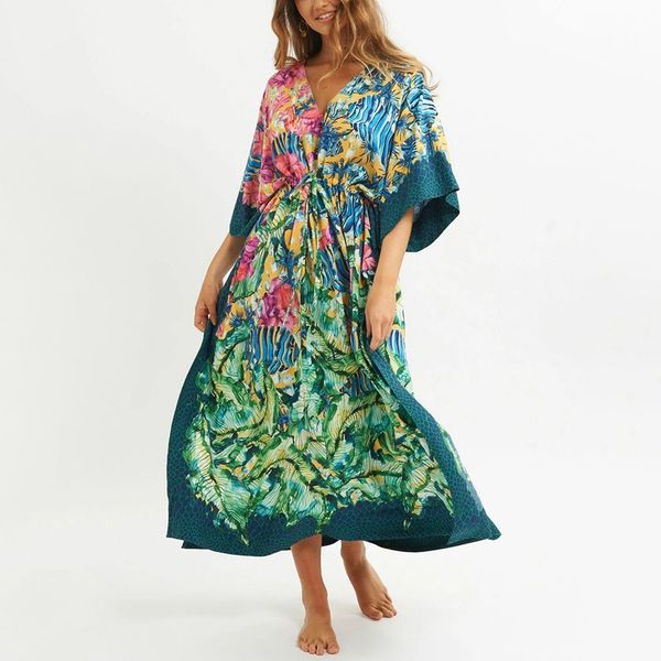 

print maxi dress women v neck long robe split beach wrap summer, Black;gray