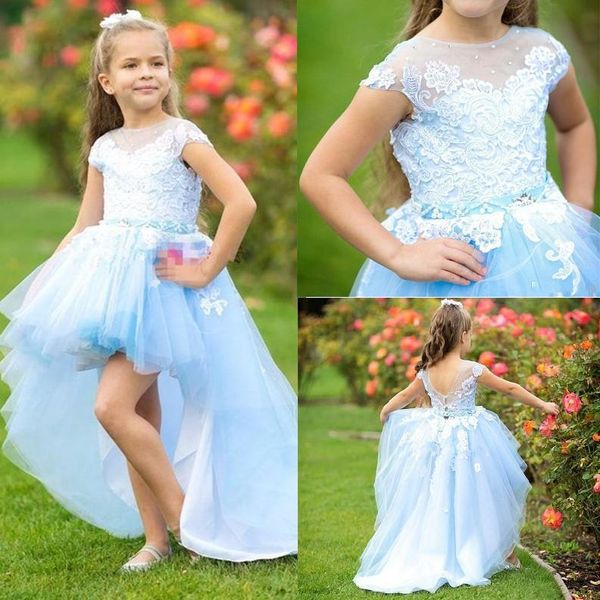 

light blue flower girl dresses high low lace tulle backless wedding princess girls pageant dress for party birthday wear custom made l46, White;blue
