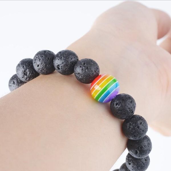 

10mm black lava stone beaded bracelet gay rainbow pride friendship jewelry rainbow round style for gay black bead, Golden;silver