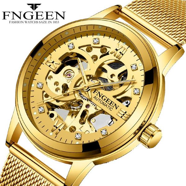 

fngeen relogio masculino 2020 new popular sport mens watches brand casual steel mesh band waterproof automatic mechanical wa, Slivery;brown