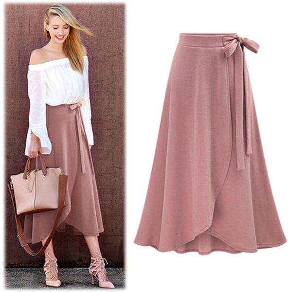 

skirts party cotton blend solid women skirt fashion strappy empire waist ladies midi casual spring irregular hem side slit, Black