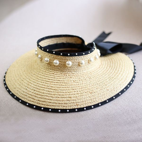 

wide brim hats 2021 summer women pearl headband hat raffia visor empty caps beach lady braided fashion straw sun, Blue;gray