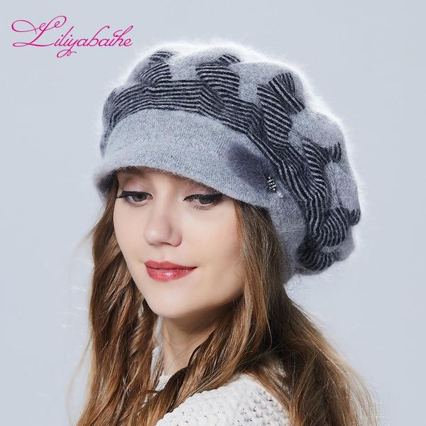 

women's winter hat angora wool hat with color matching visor knitted mink decoration double warm y200102, Blue;gray