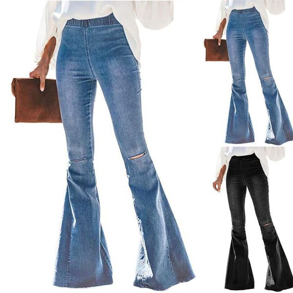 

2020 womens flare pants ripped vintage high waist skinny jeans for women retro denim pants lady streetwear trouser, Blue