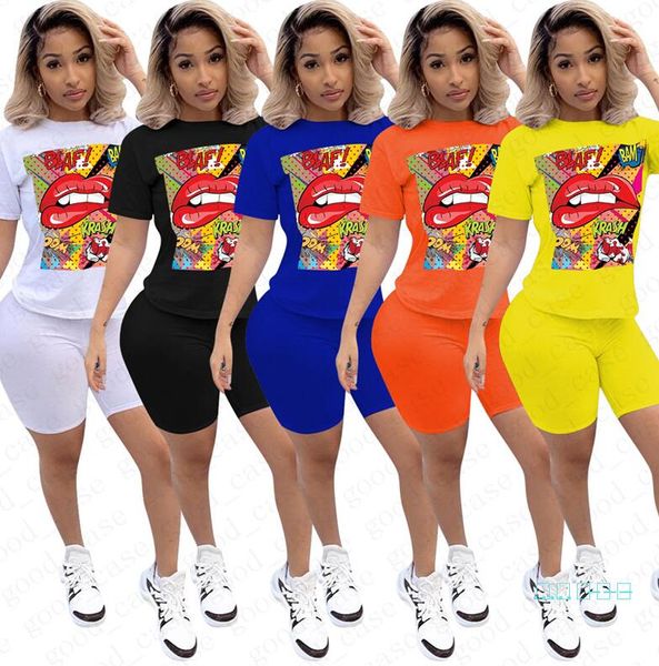 

cartoon women shorts sets tracksuit designer lips letters print t-shirt + biker shorts two piece set casual summer sports suit outfit d5705, White