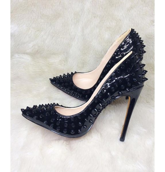 

patent leather so nice kate women's pumps 12cm heels new black spikes wedding shoes brand design big size ladies high heels