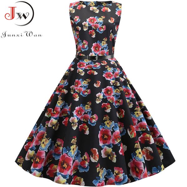 

plus size elegant floral print vintage dress women 2020 summer casual midi party dresses retro robe femme rockabilly sundress, Black;gray