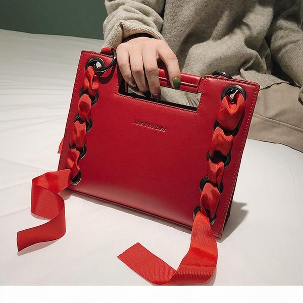 

1 pcs ribbon women handbag metal eyelet pu leather shoulder messenger bag square solid color wild fashion tote pouch