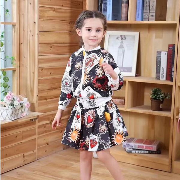 

spring autumn girls 2 pcs set baby jacket + skirt kids fashion suit children fashion clothes poker heart floral print 3 to 8 yrs, White