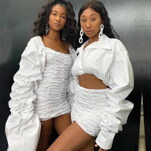 

women two piece outfits deep v ruched long sleeve cropped and bodycon mini skirts fashion 2 piece sets t200528, Gray