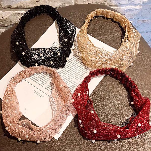 

hair accessories women luxury elegant pearls lace thin elastic headband holder sweet hairbands turban bandanas fashion