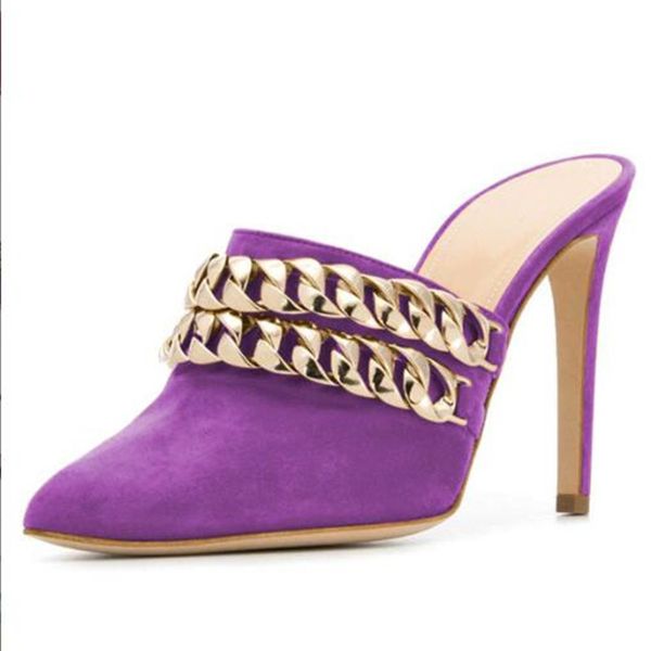 

slippers shofoo shoes,beautiful and fashionable lady sandal, suede, chain decoration, about 11cm high-heeled slippers, outdoor slippers., Black