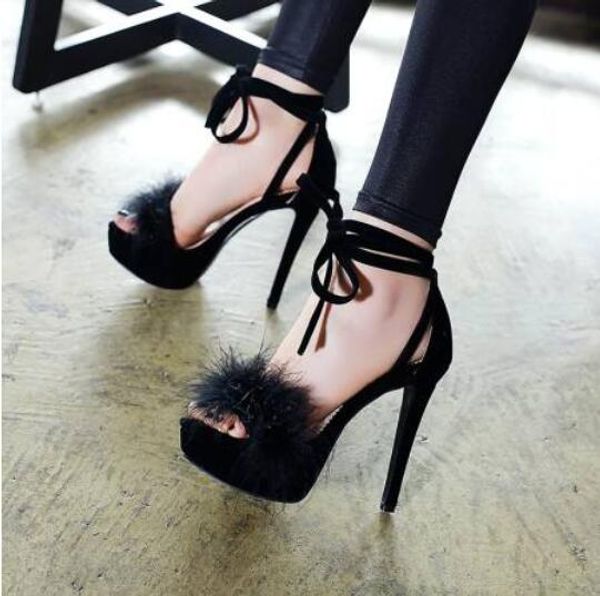 

women's furry sandals shoes peep toe cross strappy super high heel club new, Black