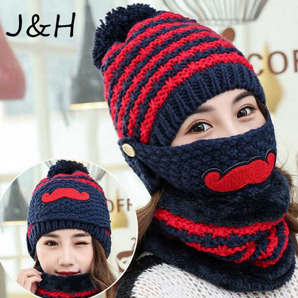 

cute winter women stripe knit crochet beanie hat scarf mask wool thickening warm hat outdoor ski windshield gift, Blue;gray