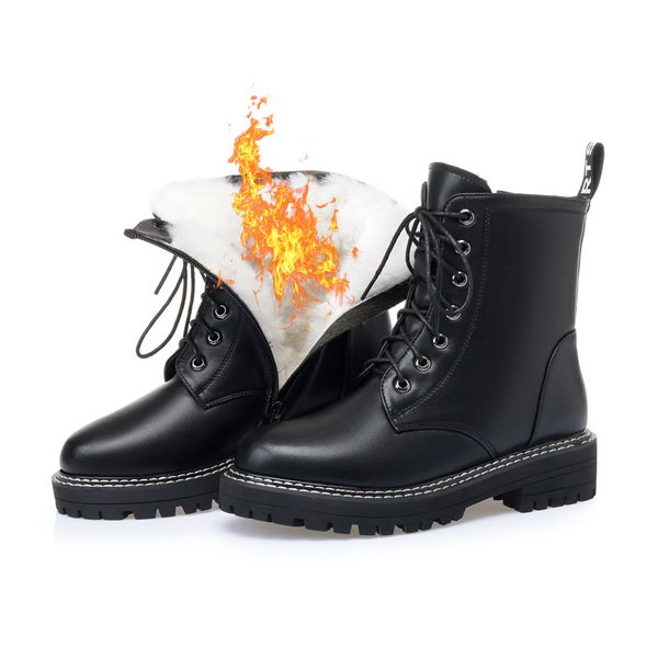 

cowhide british style lace-up side zipper black shoes winter boots non-slip thick heels warm cotton boots women snow