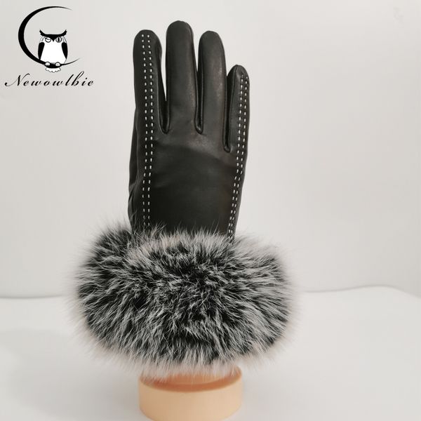 

high-grade genuine fashion new women winter real sheep leather real big fur leather touch screen gloves mittens, Blue;gray